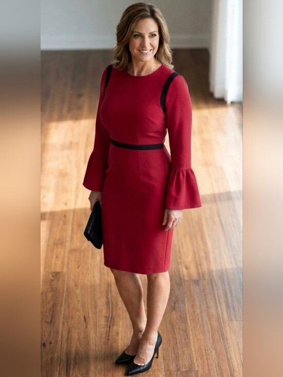 Calvin Klein Dresses & Skirts - NEW Calvin Klein Sheath Dress Long Bell Sleeve Red Black Stripe Sz 10